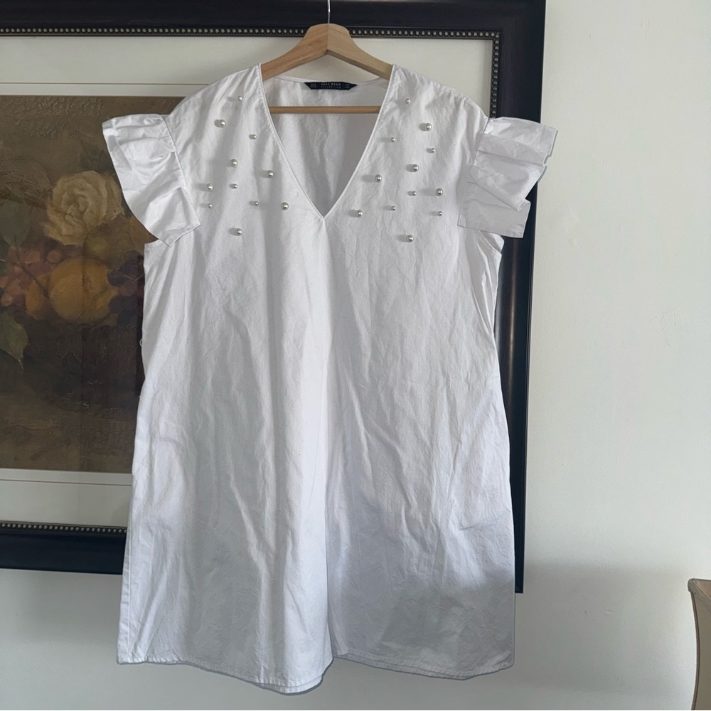 Zara Pearl Detail Cotton White Dress M